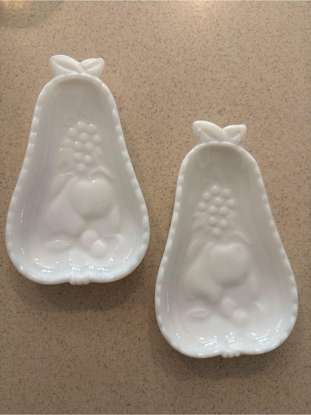 Vintage Pear Shaped Milk Glass Trinket Dishes Set of 2 Fruit Motif